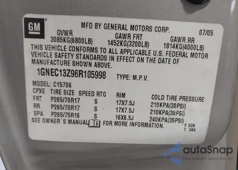2006 Chevrolet Tahoe Z71 z USA, uszkodzony, nr VIN 1GNEC13Z96R105998